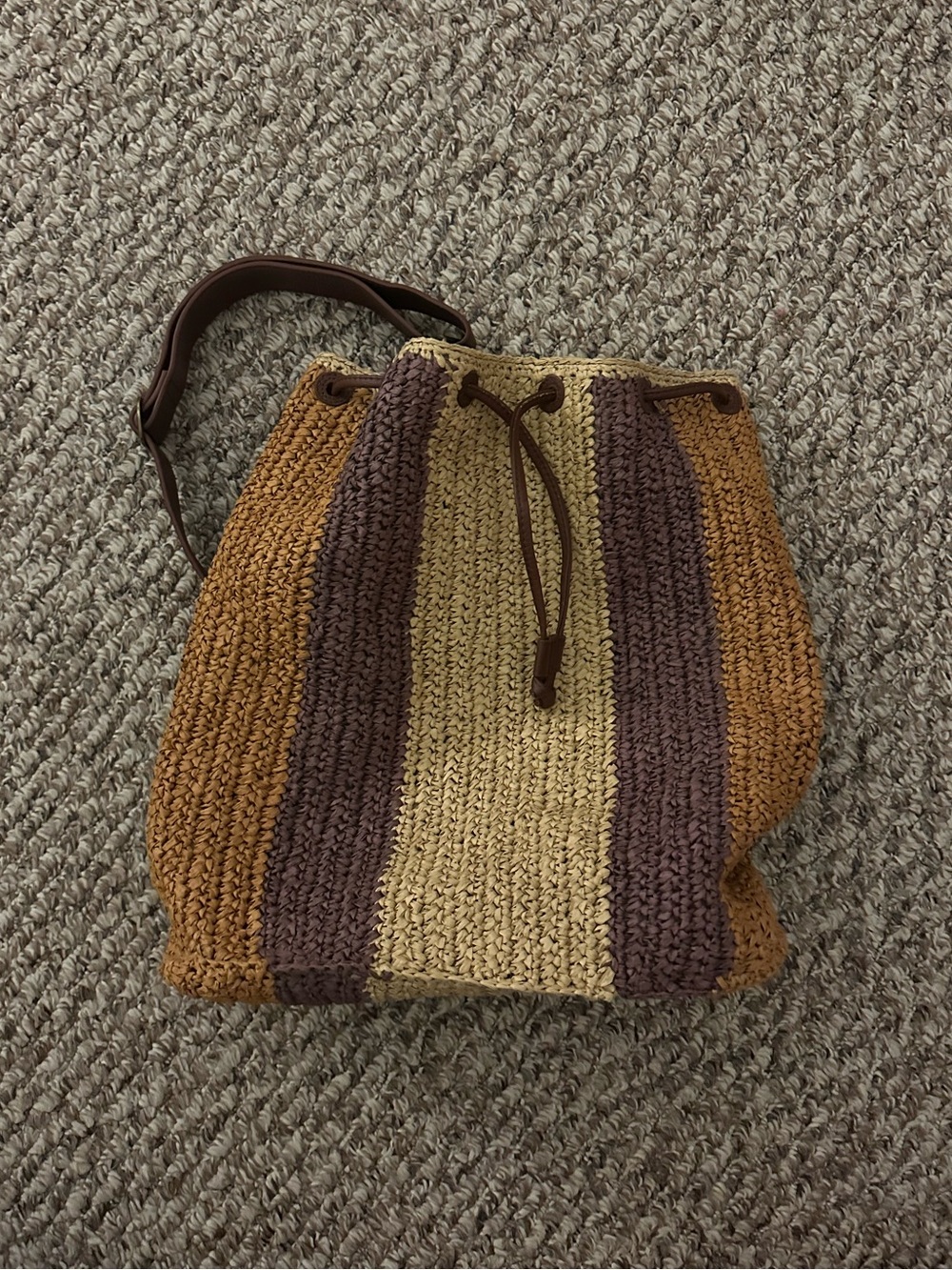 Free People Striped Straw and Leather Bucket Bag